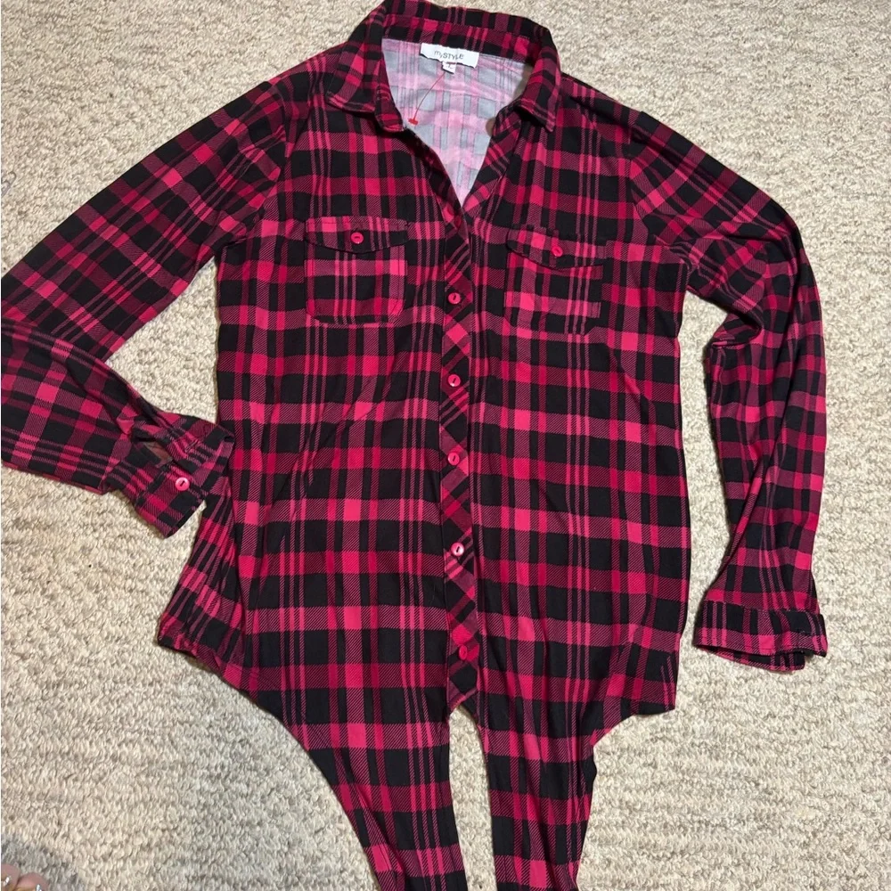 My Style Plaid Button-Up Shirt - Dark Pink and Black - Picture 13 of 13